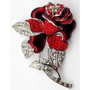 NOLAN MILLER RED ROSE NANCY REAGAN GLAMOUR RHINESTONE BROOCH PIN SILVER SIGNED